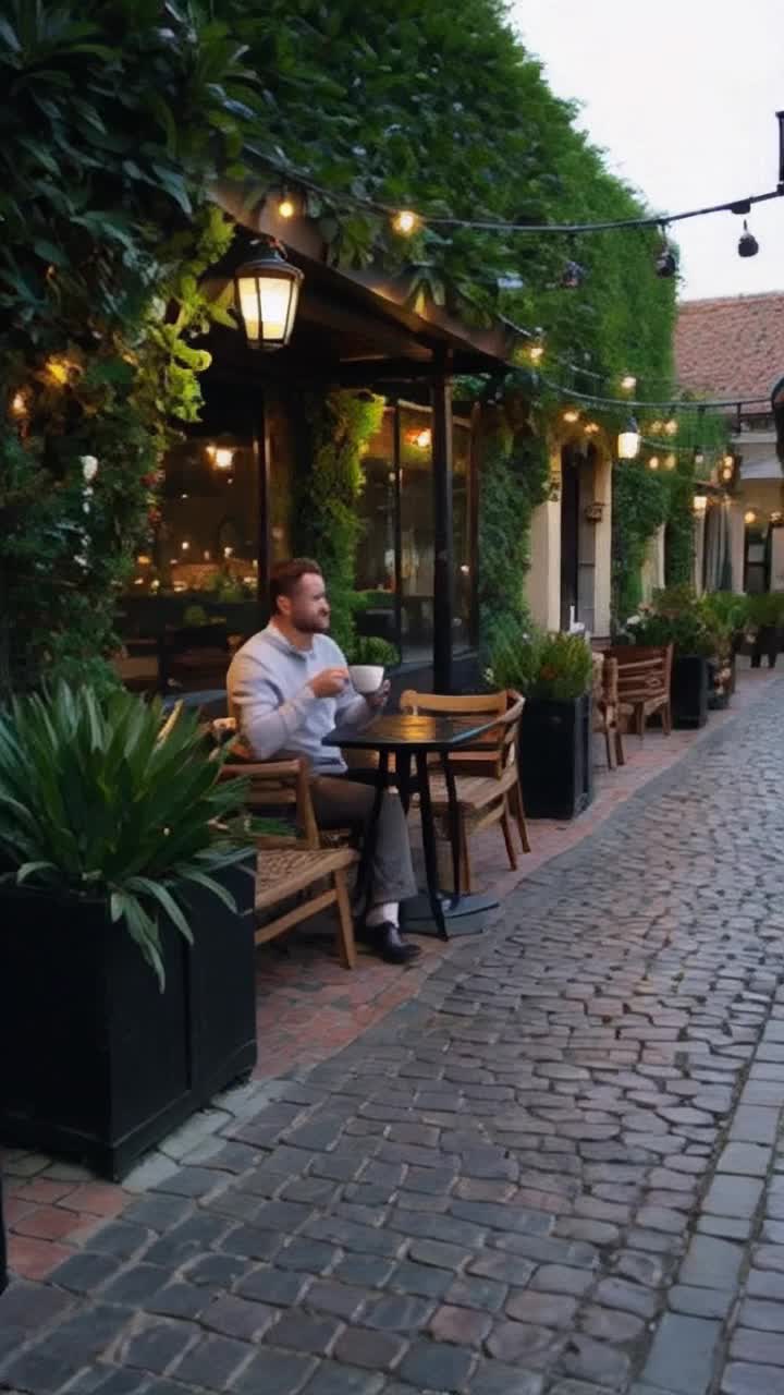 Sophisticated man savoring rich coffee blend Relaxing in a cozy outdoor caf glowing with warm sunset hues Flickering fairy lights twinkling above lush green plants and cobblestone paths creating an intimate ambiance