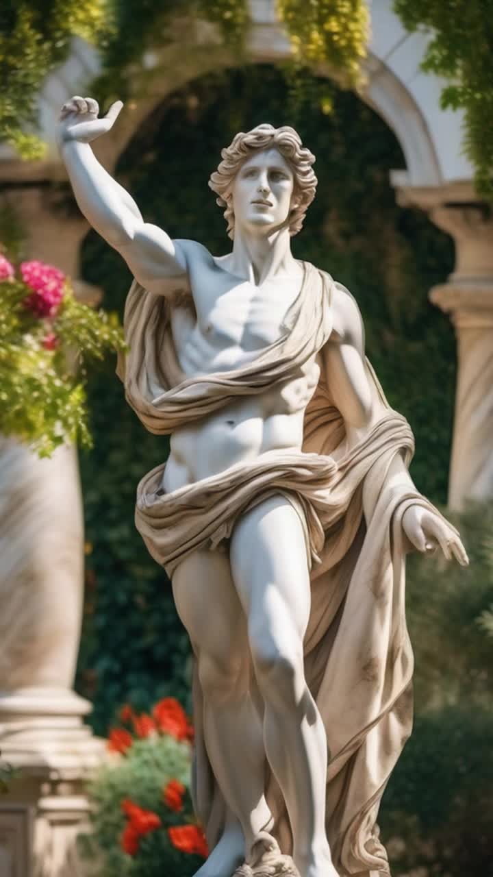 Majestic marble statue of David awakens with vibrant life emanating from the stone Unfurls his arms and stretches as sunlight cascades down illuminating intricate details of his figure Surrounded by a lush Italian garden vibrant flowers blooming and gentle breezes rustling through leaves creating an enchanting atmosphere