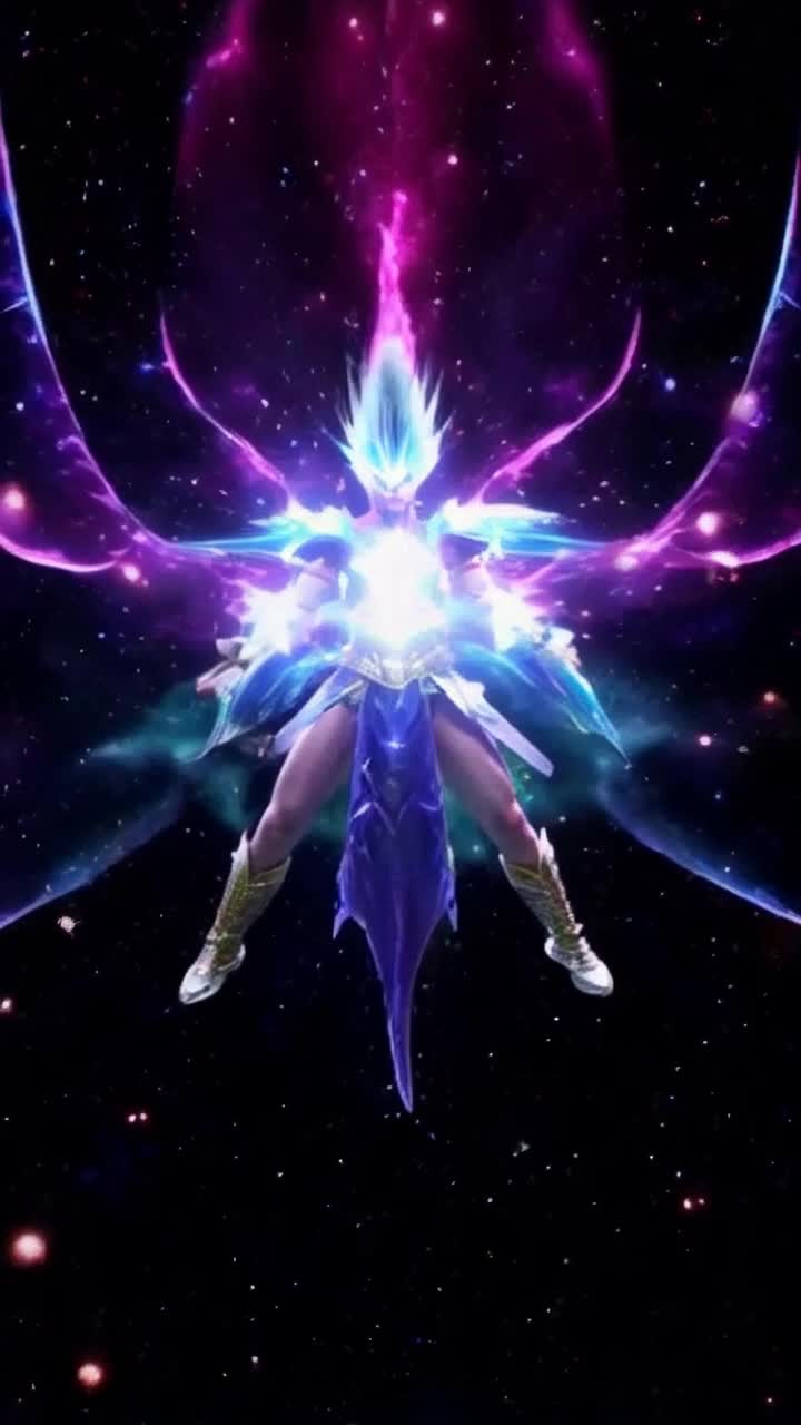 Vibrant warrior with electric spiky hair crackles with energy drawing power from ethereal forces Surrounding intricate swirling patterns of cosmic colors and shimmering lights revealing the mysteries of the 7th dimension As the warrior unleashes a powerful energy blast dimensions shift and bend creating a kaleidoscope of alternate realities bursting into existence