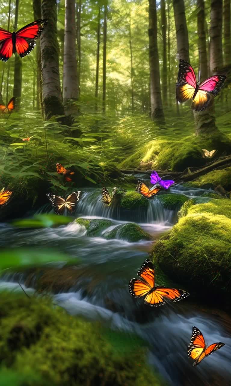 Colorful butterflies flutter gracefully above radiant wildflowers swaying gently in a soft breeze Crystalclear stream tumbling swiftly through verdant foliage Whispering sunlight filtering through tall birch trees sculpting enchanting shadows on mosscovered ground Textured velvet mosses blanketing forest floor inviting exploration into serene nature wonderland Butterflies delicately landing on vivid petals creating quiet moments of beauty throughout tranquil woodland scene Lush greenery enveloping viewers in a calming embrace of wilderness Rhythmic sounds of flowing water enhancing the atmosphere of peace and harmony in this picturesque outdoor sanctuary