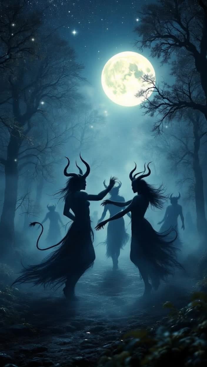 Horned devils with elongated shadows twisting and twirling under a radiant full moon illuminating their dark forms Sinister yet captivating movements as they sway to eerie music carried by the night wind Enchanted forest surrounding them filled with ancient trees draped in mist casting ghostly silhouettes Starry sky overhead sparkling like a tapestry of forgotten dreams Ethereal glow emanating from the moon, creating an otherworldly atmosphere that heightens the surreal dance Wisps of fog creeping along the ground, adding a layer of mystery to their wild, frenetic celebration