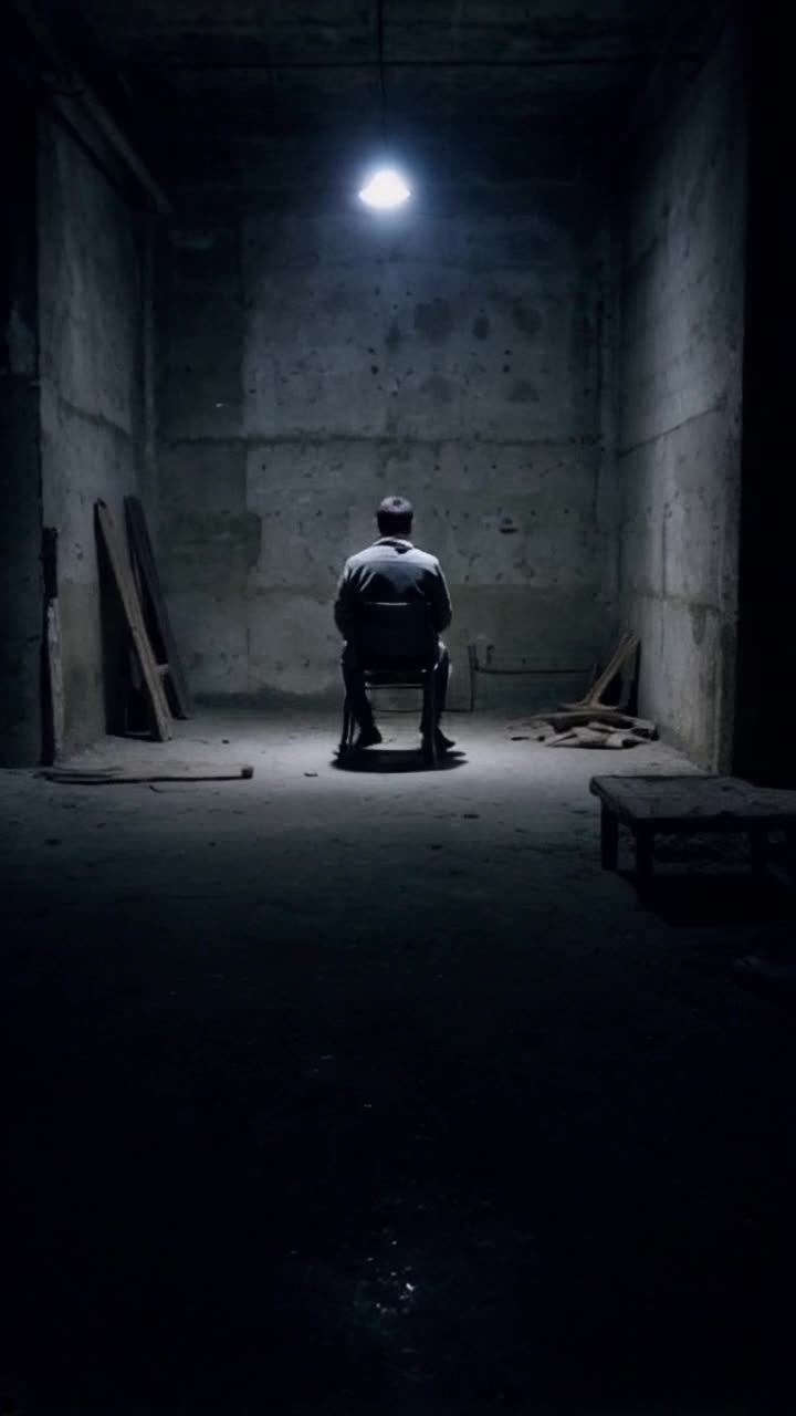 Cinematic shot of a lone figure sitting in a dark, abandoned room, dim single light above, gritty textures, strong shadows, dark cinematic atmosphere, mood of isolation and despair, volumetric lighting, 35mm lens look