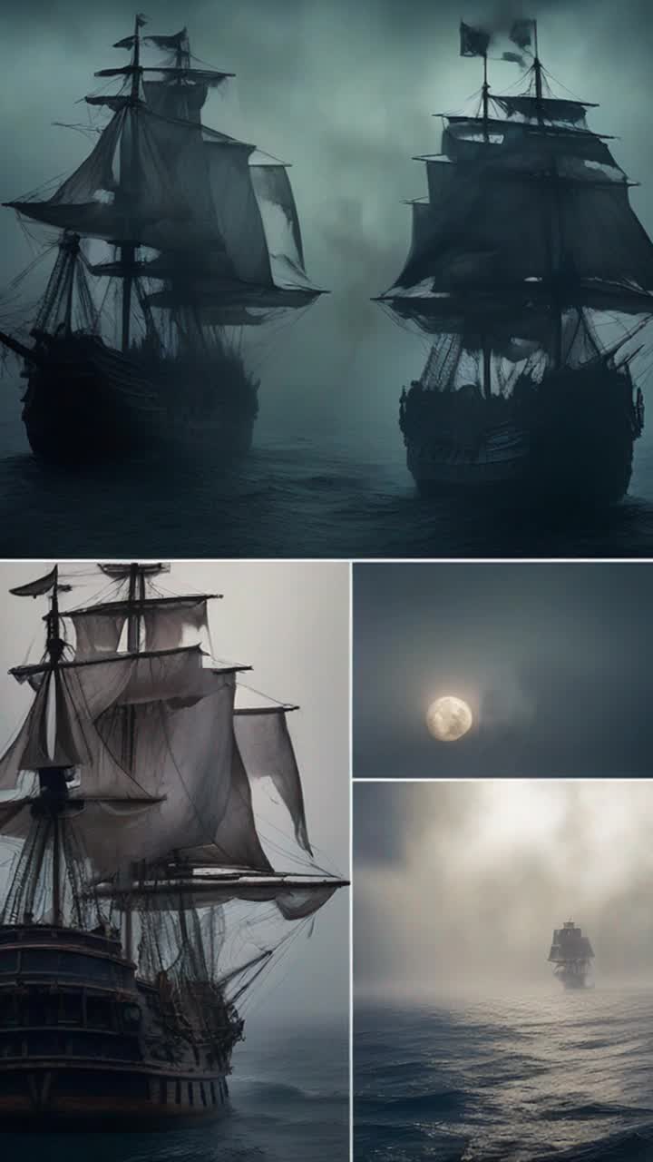 Eerie pirate ship looming under a dark moonlit sky surrounded by swirling mist Ghostly crew with tattered outfits drifting aimlessly across the deck Shadows flickering with haunting transparency as they raise phantom sails Whispering winds carrying distant echoes of longlost treasure Legends of curses hanging heavy in the air Ancient cannons rusted yet threatening perched ominously along the hull Eerie glow emanating from the ships rotting lanterns illuminating the desolate waters surrounding it, sea creatures darting through the waves adding an otherworldly mystique to the scene