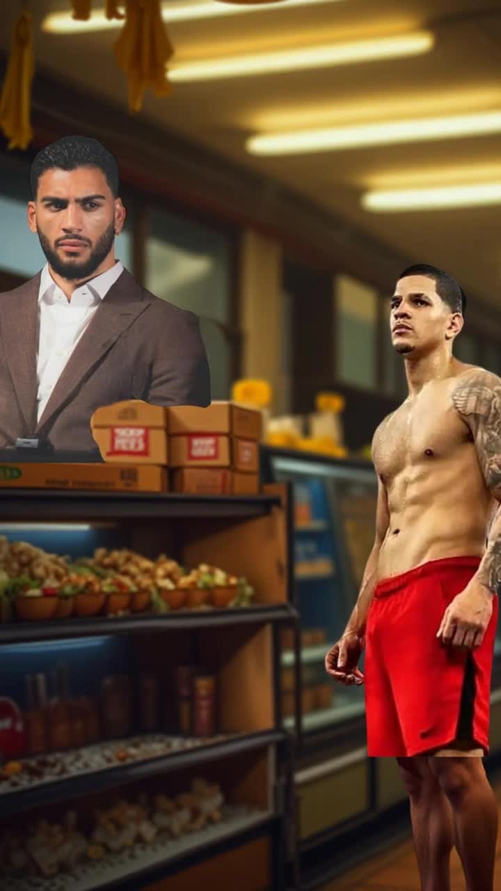 Deli clerk in suit serves customer a knuckle sandwich