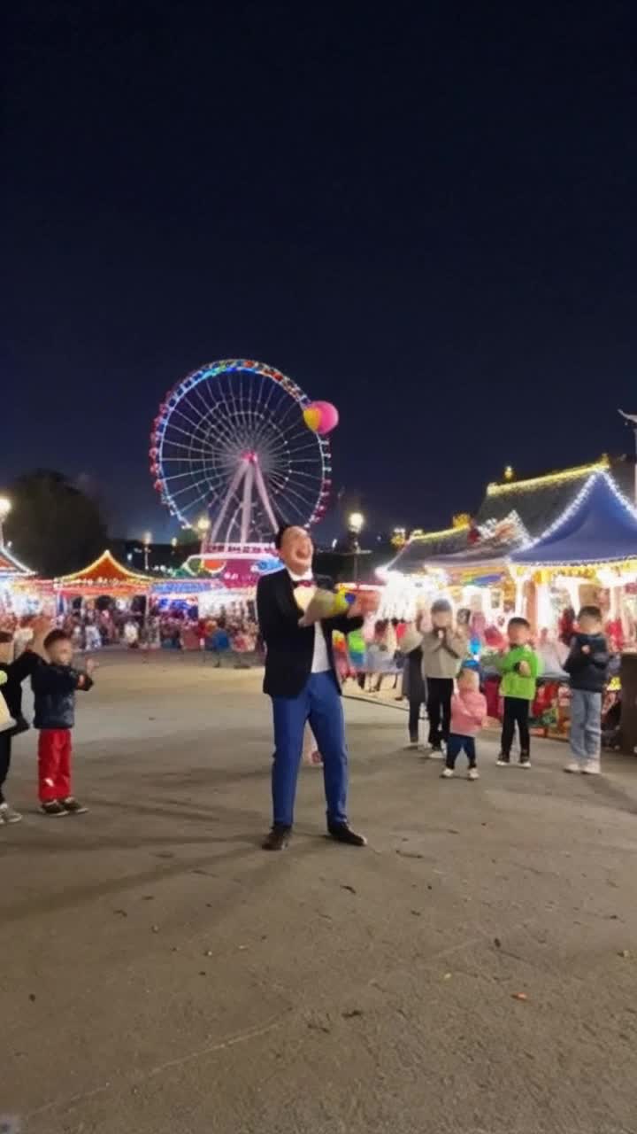 Colorful clown juggling vibrant balls laughing joyfully as children around him cheer in delight Festive carnival backdrop filled with twinkling lights colorful stalls and a towering Ferris wheel turning slowly in the distance