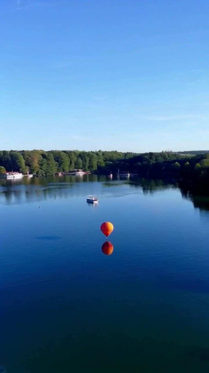 Balloon floating over a quiet lake