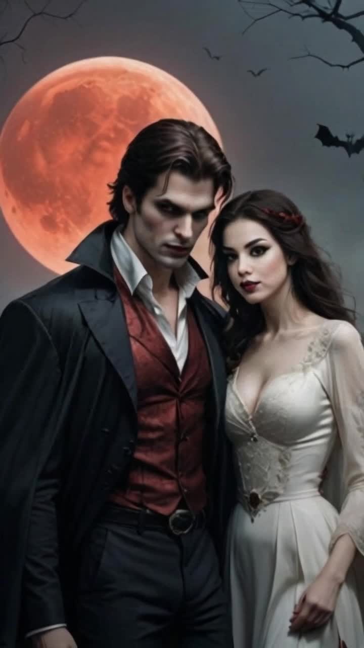 Dashing Dracula adorned in a flowing black cape alongside his radiant bride dressed in a stunning crimson gown glowing with elegance silhouetted against a bloodred moon casting an ominous light upon the scene emanating a mystical aura surrounding the couple as shadows dance around them whispering secrets of the night