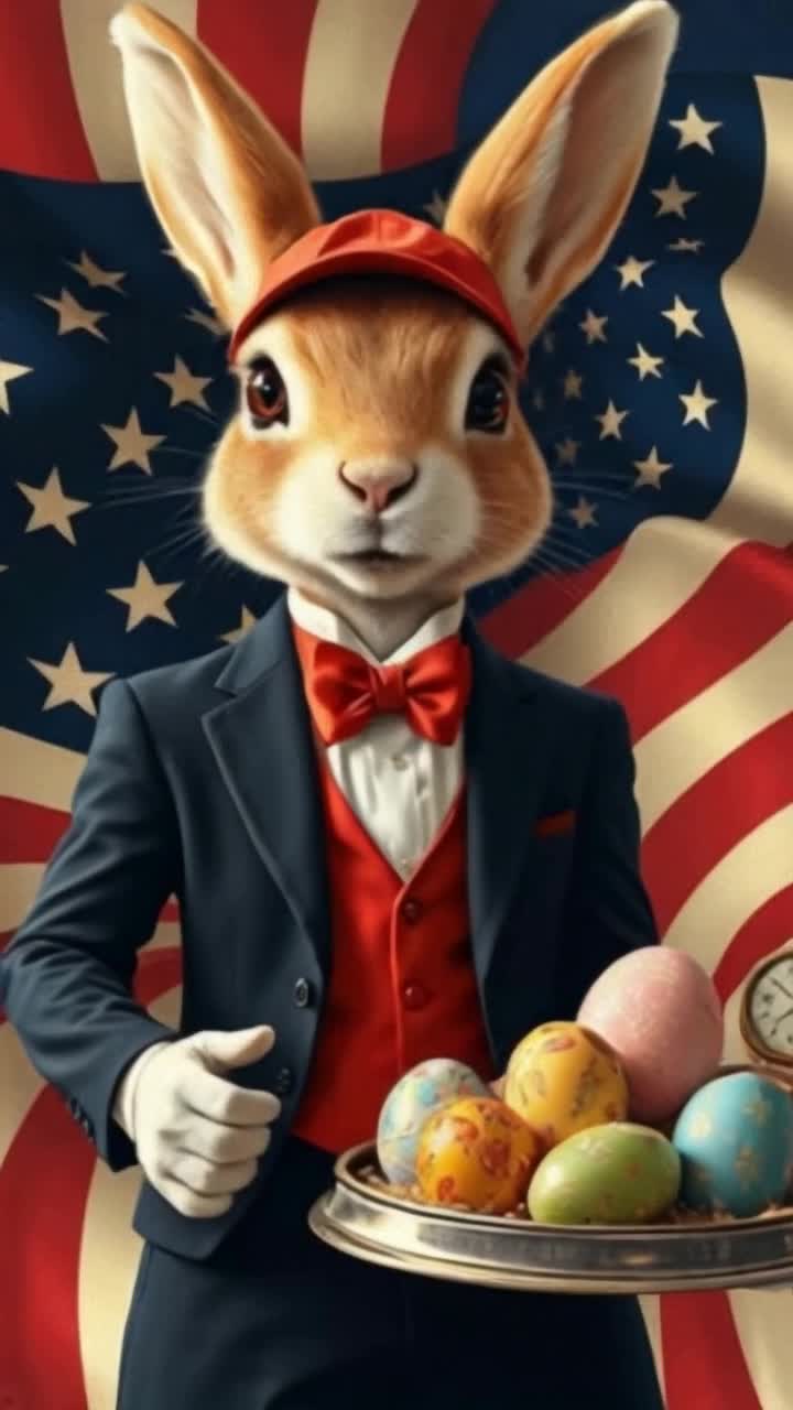 Whimsical rabbit adorned in lavish black and red tuxedo topped with a playful red baseball cap balancing a colorful tray overflowing with vibrant Easter eggs hopping energetically Forward through a surreal landscape framed by an unsettling inverted American flag fluttering in an unseen breeze creating a stark contrast against a cloudy twilight sky shimmering with hints of crimson and indigo providing an intriguing backdrop that enhances the whimsical and rebellious nature of this tale unfolding in a fantastical realm