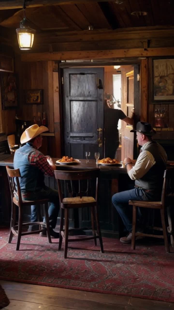 Midwestern honkytonk bar has two men sitting at the bar talking, one wears a cowboy hat, jean vest over plaid shirt, the other wears a baseball cap and tshirt, two couples at a round table behind the men at the bar have plates of spicy food being set before them, the waitress and patrons all stop what theyre doing to look at the entrance as the lighting flickers briefly, the entrance door opens wide where a dark shadow of a figure prepares to enter but oddly shivers at the heat wafting out the door gently swings shut but the patrons and waitress are still staring at the entrance 