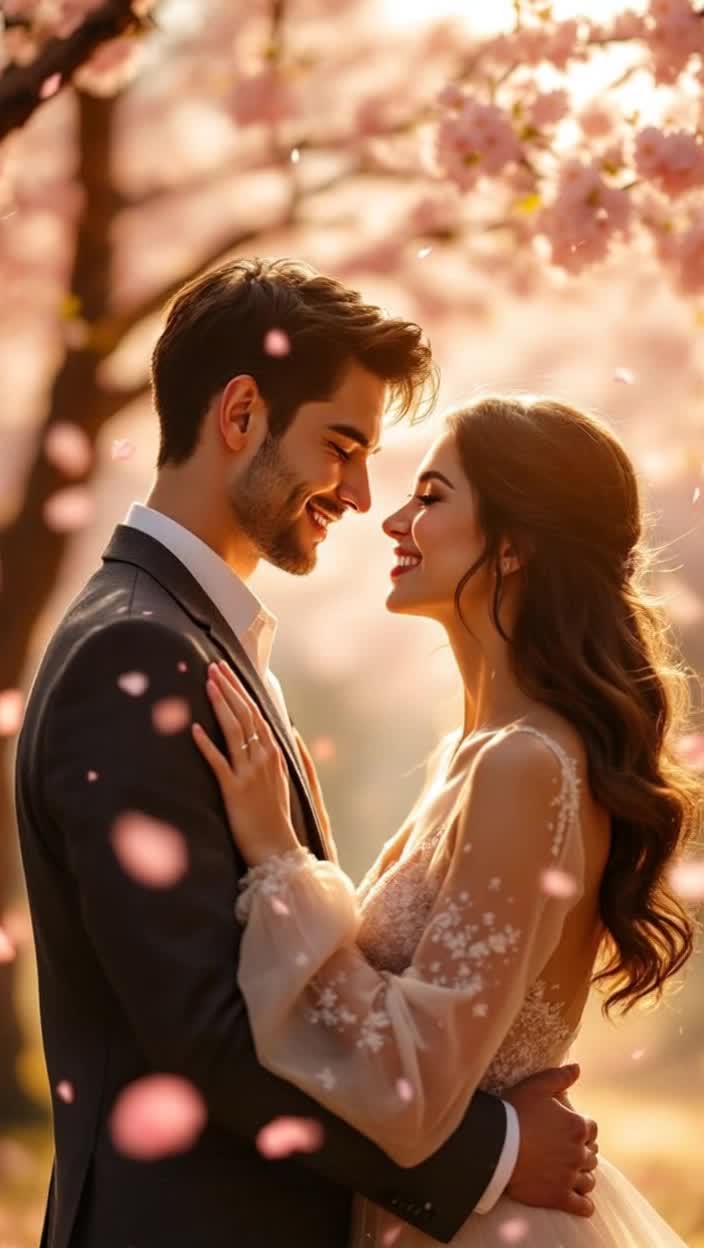 Two lovers wrapped in a warm embrace radiating intimacy and joy sparkling eyes filled with excitement Action: gently swaying back and forth capturing the magic of the moment as they breathe in each other’s presence Background: a sunlit park surrounded by blooming cherry blossom trees petals softly falling like confetti creating a dreamy atmosphere shimmering sunlight casting a golden glow all around