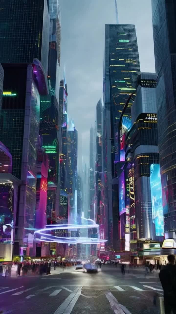 Vibrant cyberpunk cityscape pulsating with dazzling neon lights towering skyscrapers glinting in holographic colors sleek flying cars zipping between structures weaving through the night sky Action gliding effortlessly over streets bustling with life illuminating faces of dynamic pedestrians Background futuristic architecture merging technology with urban life neon advertisements flickering colorful billboards casting reflections on shiny surfaces electric atmosphere charged with innovation and excitement