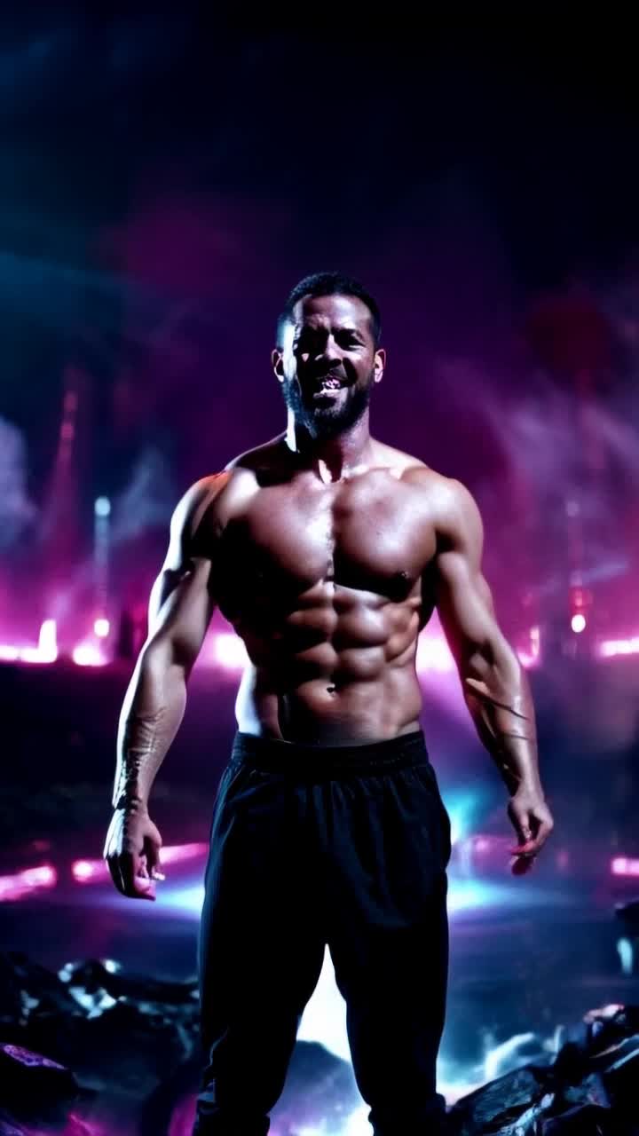 Neon, Moody, Explodes, Dynamic Motion, Lens flare, High angle, At the turn of the tide and when all seems lost the Chosen warrior of THE MOST HIGH receives divine download straight into the pineal and immediately levels up and leaps into action unleashing devastating high frequency energy blasts destroying evil with a smile and he flexes his muscles and hero poses 