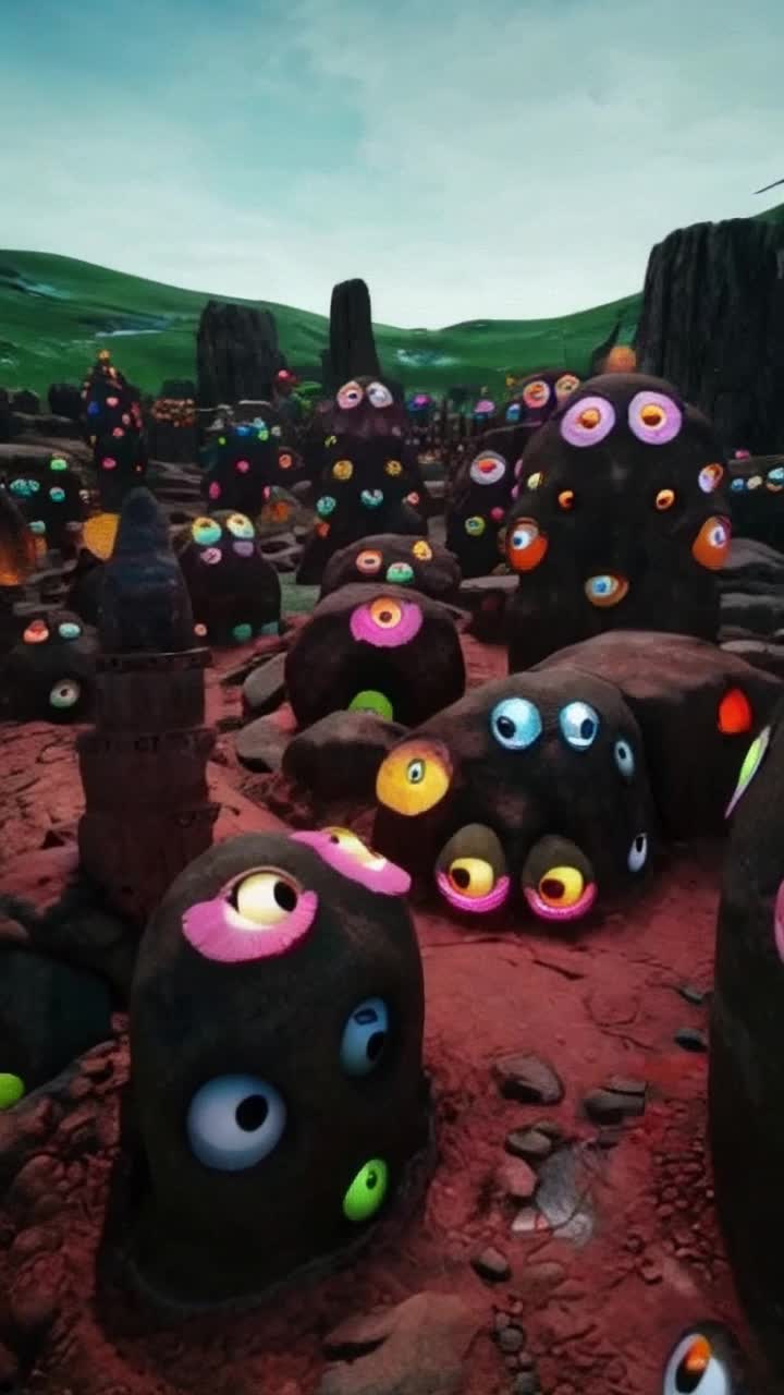 A surreal landscape where reality is intricately intertwined withthe abstract Every surface, is adorned with a multitude of eyes These eyes are not random nor eerie they convey a sense of deep, spiritual connection and silent communication More eyes, playful and colorful Roygbiv