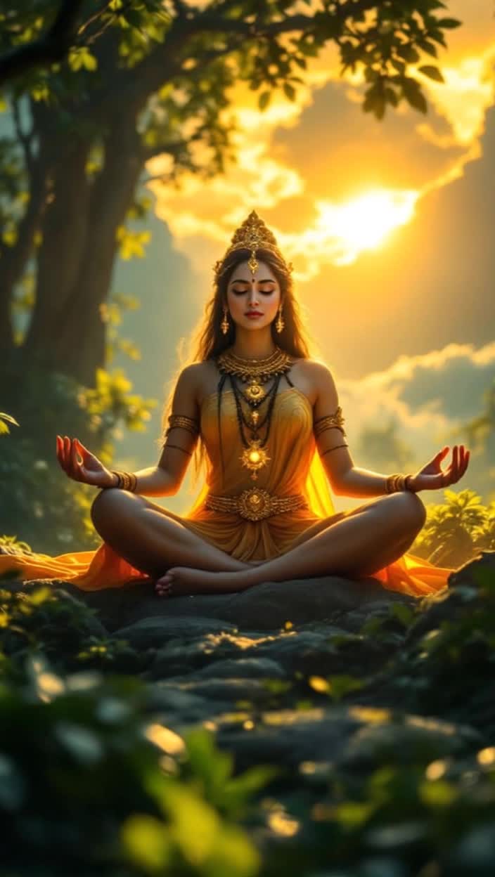 Goddess Katyayani seated in meditation surrounded by radiant golden light within a lush serene grove emanating tranquility She rises with divine grace showcasing her courage and strength The backdrop shifts to vibrant celestial realms as sage Katyayanas intense penance brings forth this powerful deity Dark clouds gather depicting Mahishasuras reign of terror as gods tremble in fear Suddenly