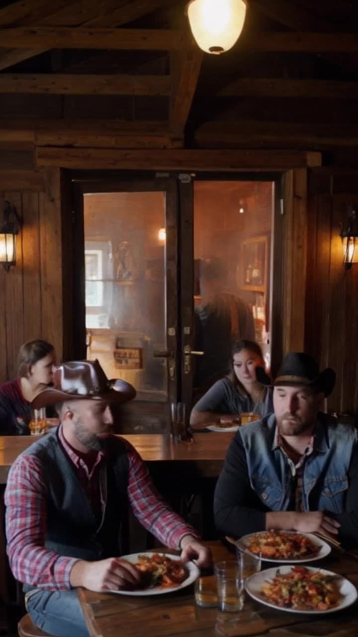 Midwestern honkytonk bar has two men sitting at the bar talking, one wears a cowboy hat, jean vest over plaid shirt, the other wears a baseball cap and tshirt, two couples at a round table behind the men at the bar have plates of spicy food being set before them, the waitress and patrons all stop what theyre doing to look at the entrance as the lighting flickers briefly, the entrance door opens wide where a dark shadow of a figure prepares to enter but oddly shivers at the heat wafting out the door gently swings shut but the patrons and waitress are still staring at the entrance 