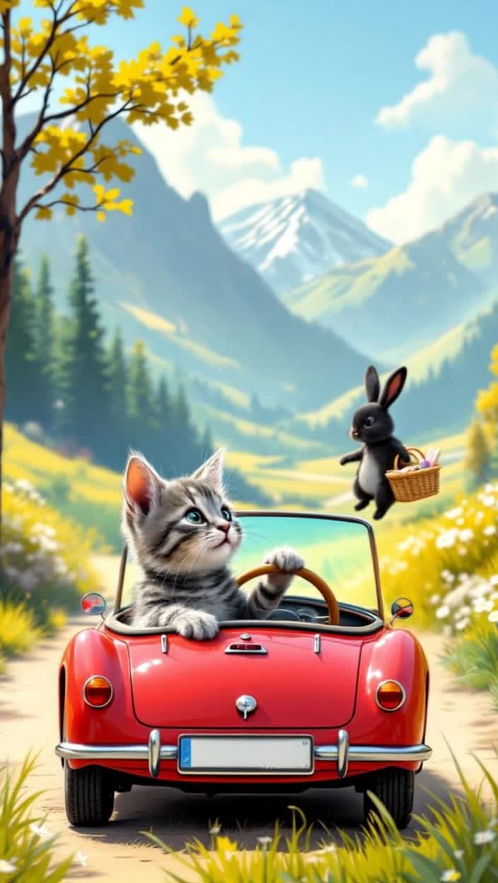 An adorable gray Tabby kitten sits in the drivers seat if a Barbie doll toy sized fancy red convertible, the kittens paws handle the steering wheel smoothly as she drives calm, quick and sure through the countryside and up towards the mountains on a bright sunny afternoon A black rabbit suddenly appears in the passenger seat with a tiny picnic basket They both smile at eachother and resume their day trip