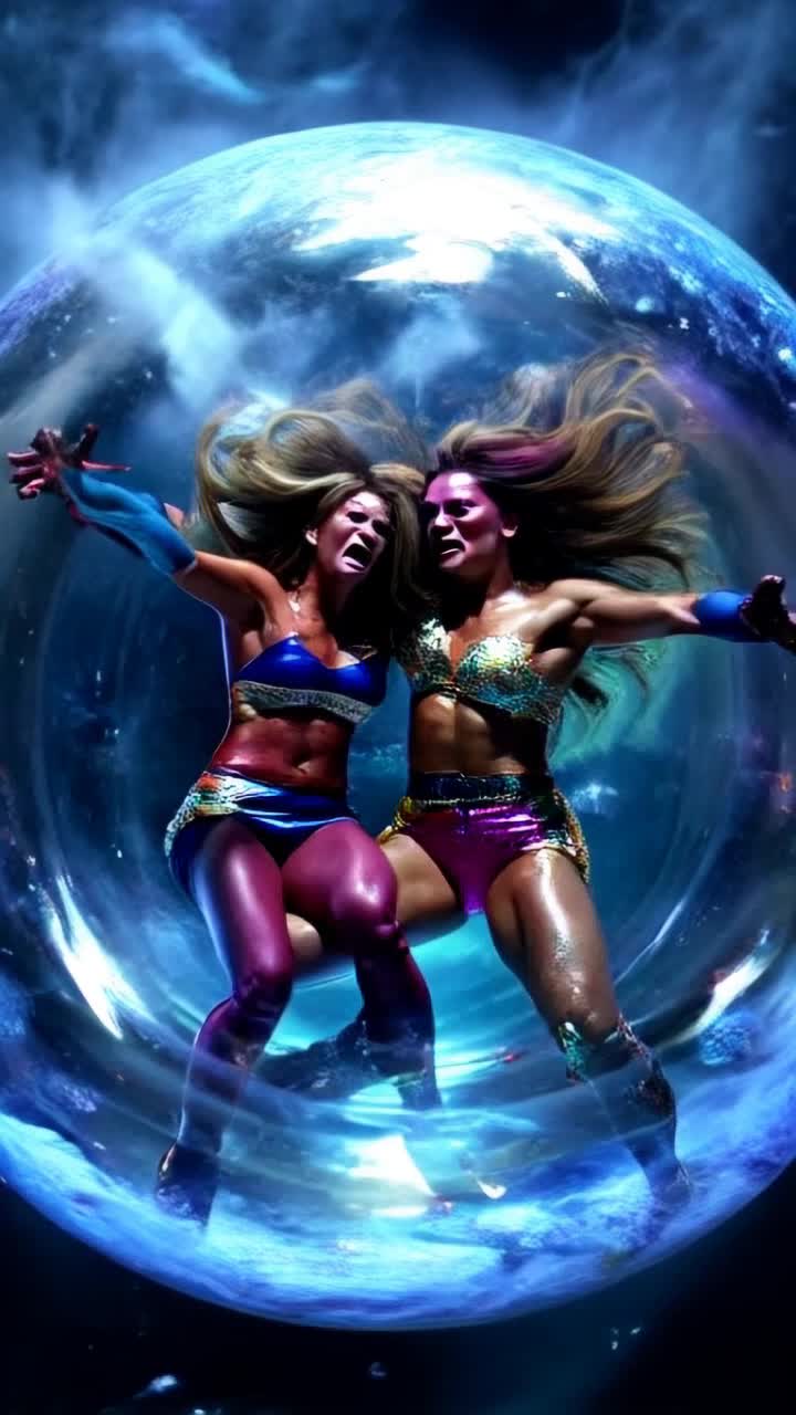 Jackson five and hulk hogan radiating energy dressed in colorful outfits with matching hairstyles twirling and spinning desperately inside a shimmering crystal ball their faces streaked with tears reflecting their anguish Emotions swirling as they try to keep the beat while haunting melodies echo around them Translucent walls of the crystal ball filled with swirling mist and sparkling lights casting a magical yet oppressive atmosphere urging their frantic movements as an ominous shadow looms just outside trapping them in this ethereal prison