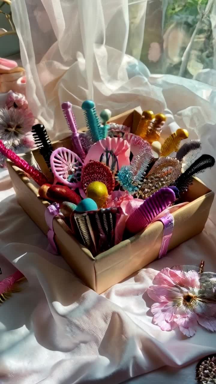 Colorful hair kit accessories scattered across an elegantly wrapped gift box overflowing with vibrant combs brushes shimmering beads playful hair rubbers intricate bands while delicate hands carefully arrange everything together Soft pastel colors create a cozy warm atmosphere filled with sunlight pouring through a nearby window Dreamy floral patterns adorn the background giving a sense of tranquility and beauty inviting joy and creativity into a delightful hair styling experience