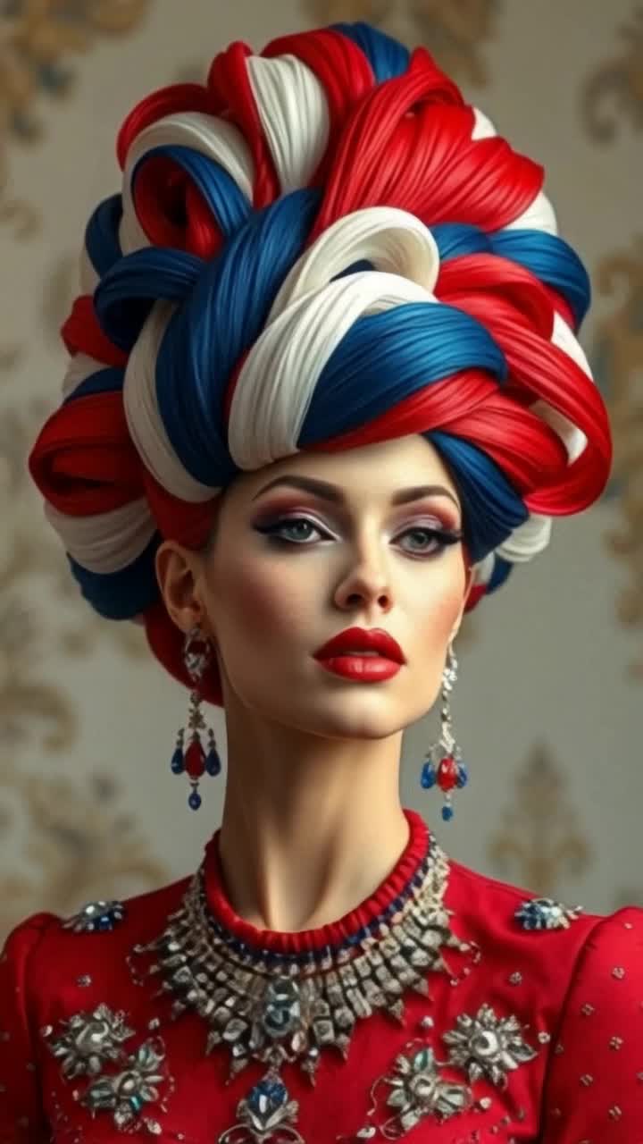 a woman breaks into a big smile as she proudly models her patriotic hairdo