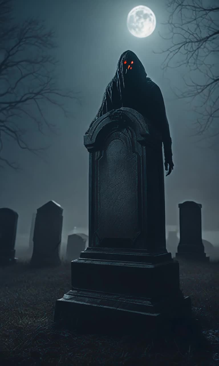 A ghoul rising up from behind one of the tombstones in on a dark foggy moon lite night,  the ghoul is a horrific demonic creature with glowing eyes 