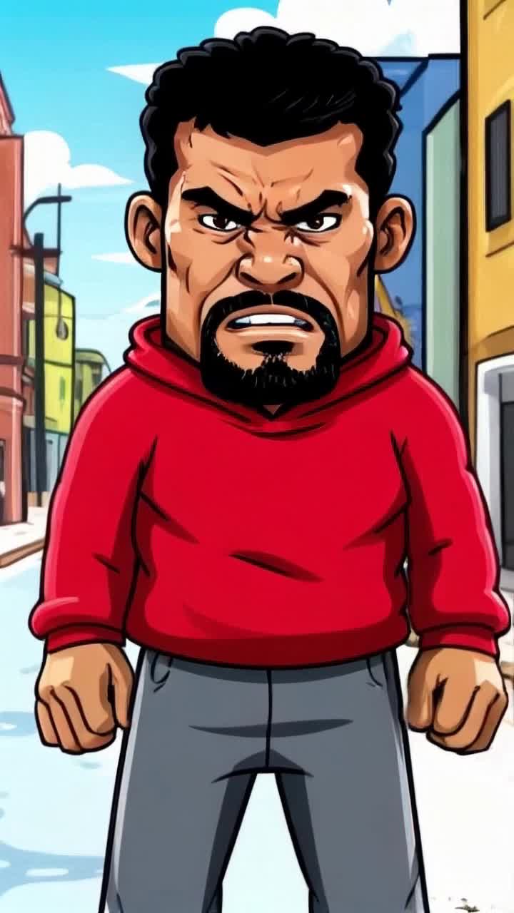 Cartoon comic brown skinned African American man in red sweatshirt and grey jogging pants standing on cartoon comic street looking stern and  angry ready to fight  camera close up span out shot