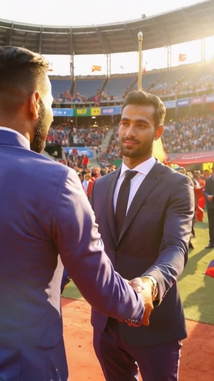 Virat Kohli in an elegant suit exuding charisma radiant smile extending hand warmly towards PM Modi distinguished in traditional kurta showcasing leadership grace Moment brimming with respect connection as the two icons clasp hands generating excitement Surrounding scene buzzing with vibrant colors lively crowd cheering capturing a fusion of sports and politics Background adorned with Indian flags fluttering proudly as sunlight casts a golden glow revealing an atmosphere filled with hope unity and inspiration