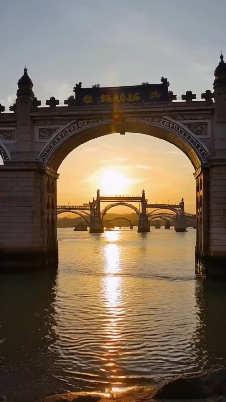 Intricate drawbridges adorned with ornate carvings and vibrant colors gleaming in dawns glow rise gracefully each morning as suns first rays pierce the horizon casting golden reflections on shimmering water beneath 