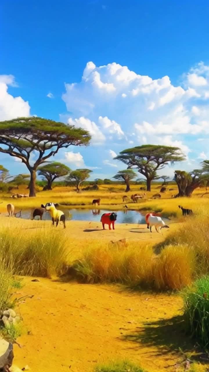 Colorful plush animals roaming freely across a vibrant safari landscape Herkyjerky movements mimic their wild counterparts amidst tall golden grasses Majestic acacia trees providing shade under a brilliant blue sky A distant waterhole reflecting shimmering sunlight with playful birds flitting around Soft sounds of rustling leaves and distant roars enhancing the immersive experience of this whimsical escape