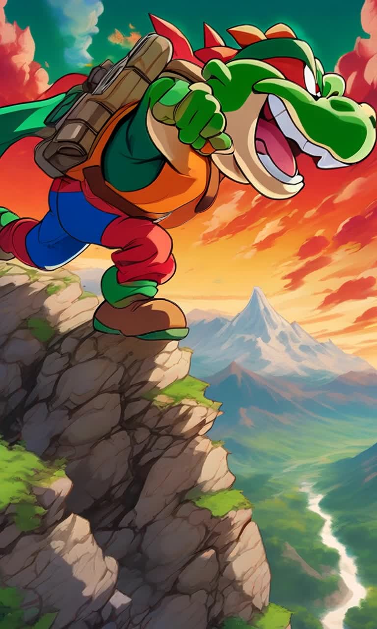 iconic plumber with vibrant red and green uniforms scaling a steep rocky mountain path armed with powerups leaping between boulders and dodging falling rocks surreal clouds swirling in the background vibrant colors enhancing the adventure atmosphere distant castle looming on the summit where Bowser waits with fiery breath ready for an epic showdown shimmering sunset casting dynamic shadows on the mountains surface excitement building with each determined step climbing higher towards an epic confrontation against the villain