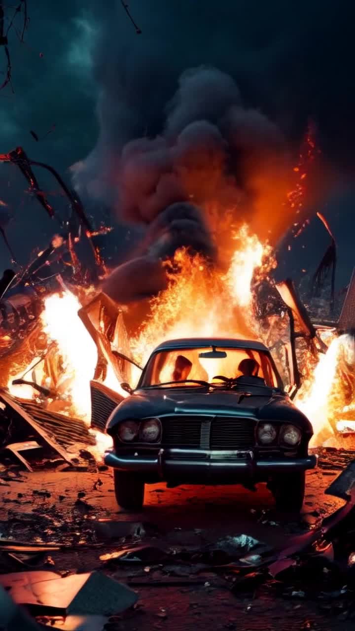 Vintage Ford Pinto ablaze with fiery infernos surrounding shattered metal debris spiraling through night sky chaos engulfing scene horror etched on onlookers faces as they flee in terror darkness illuminated by fiery explosions smoke billowing into the atmosphere as shards of glass rain down ground charred remnants behind witness to destruction emotional cacophony of gasps and screams echoing amidst devastation vivid flashes of orange and red coloring the landscape surreal aftermath of tragedy thick smoke mixing with adrenalinefilled fear