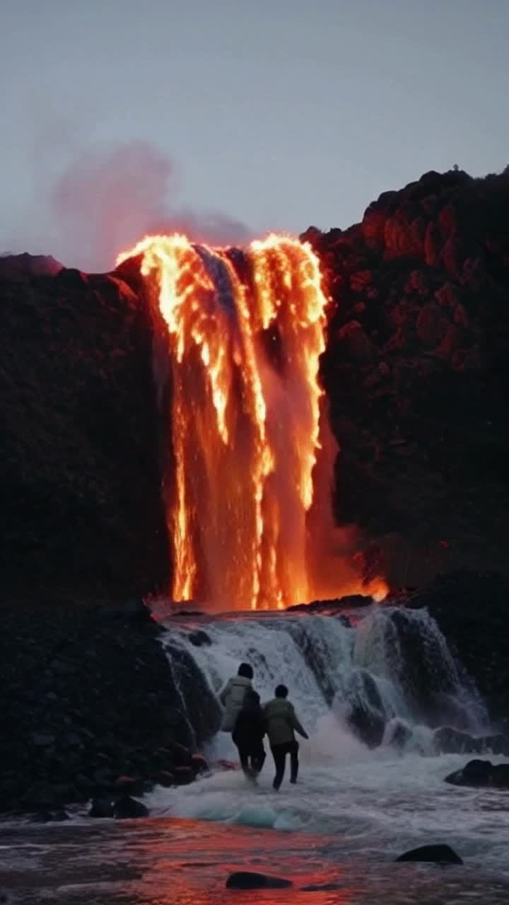 The steamy Lava Flow crashes turbulently towards a frantic family running away, step by step the frantic family runs towards the camera as a Lava Flow is seen crashing in and turbulently splashing   