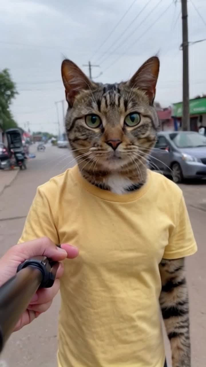 A hyperrealistic video of a cat with a human body, wearing a yellow Tshirt and holding a selfie stick like a vlogger The camera is positioned exactly like a GoPro, facing the cats face from its own hand, showing the selfie stick in view The cat is walking on a street, casually vlogging while talking to the camera with realistic eye and mouth movements The cats face has realistic fur, expressive eyes, and synced lip motion Background shows an Indian street with cars, bikes, and electric poles The video looks like a vlog clip, cinematic and realistic in style