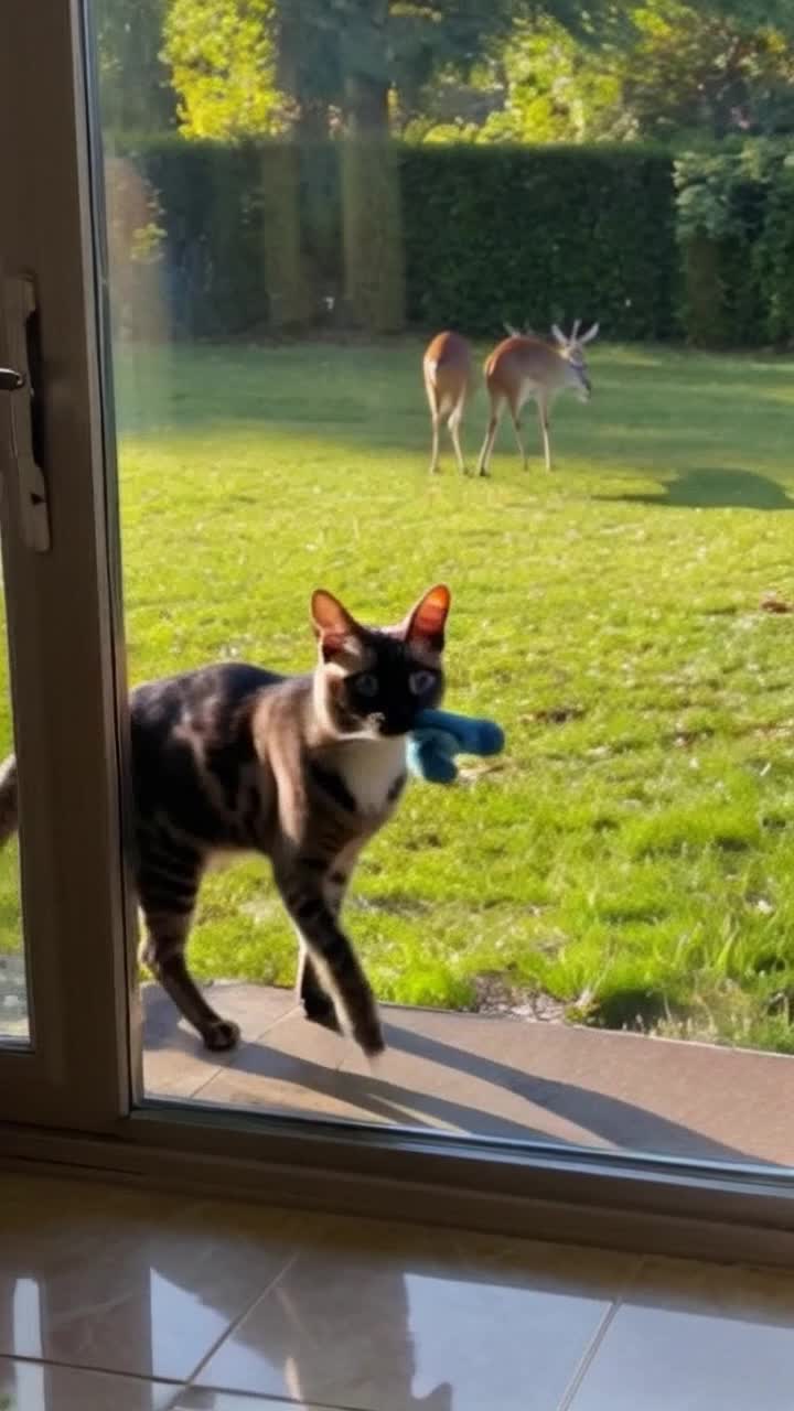 Siamese cat with striking blue eyes gingerly roaming indoors gripping a stuffed mouse tight in her mouth gracefully approaches a sliding glass door captivated by her backyard scene Two majestic deer standing elegantly on a lush green lawn under the warm glow of the afternoon sun She drops her beloved toy in astonishment as soft breezes rustle through nearby trees inviting the sounds of nature into the tranquil home