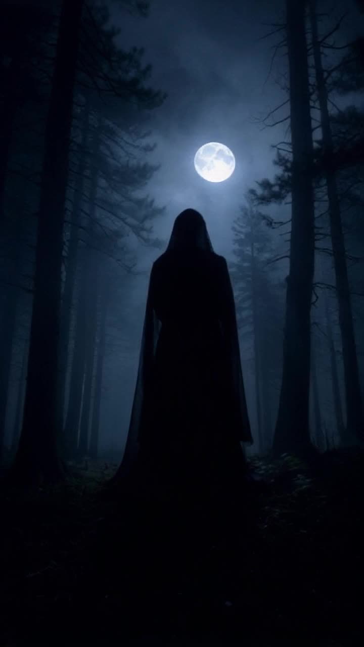 Mysterious figure cloaked in shadows  Whispers secrets into the dark night  Moonlight piercing through dense, foggy forest canopy