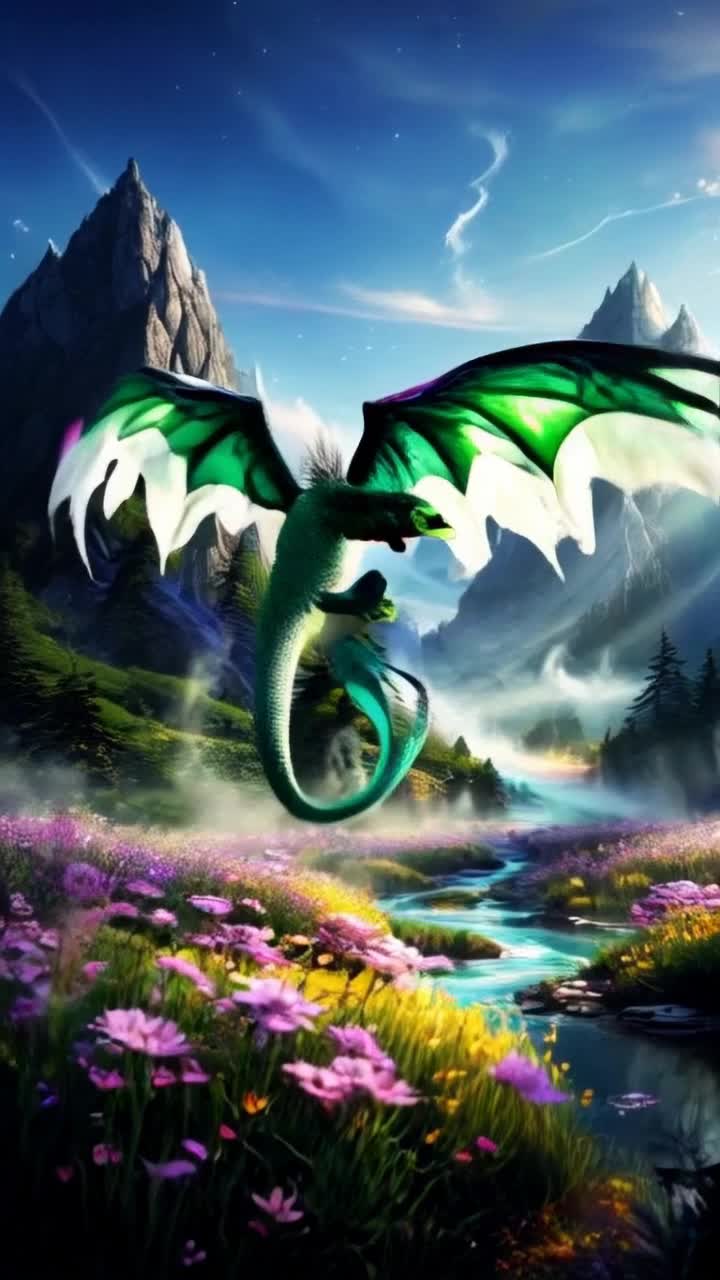 Emerald dragon with iridescent wings gliding effortlessly Misty valley enveloped in ethereal light Vibrant wildflowers in a sea of colors sway delicately under powerful gusts Towers of ancient mountains rise majestically hugging the landscape Wisps of soft clouds dance playfully trailing behind the dragon Sparkling streams below mirror the radiant sky creating a surreal tableau Sunbeams pierce through mist illuminating the scene with a magical glow A symphony of natures beauty unfolds as the dragon soars above in serene majesty