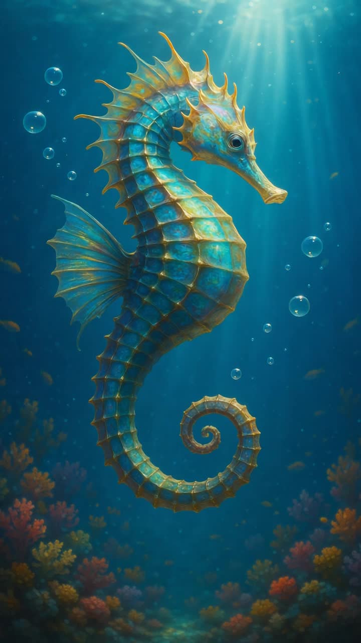 A stunning, majestic seahorse gliding gracefully through crystalclear ocean water Its body shimmers with iridescent hues of turquoise, gold, and violet, with intricate textures and delicate, curled tail Surrounding the seahorse are glowing bubbles and soft shafts of sunlight piercing through the water Vibrant coral reefs and tiny fish create a colorful, magical underwater backdrop, evoking a sense of wonder and serenity Highly detailed, fantasyinspired, ultrarealistic style