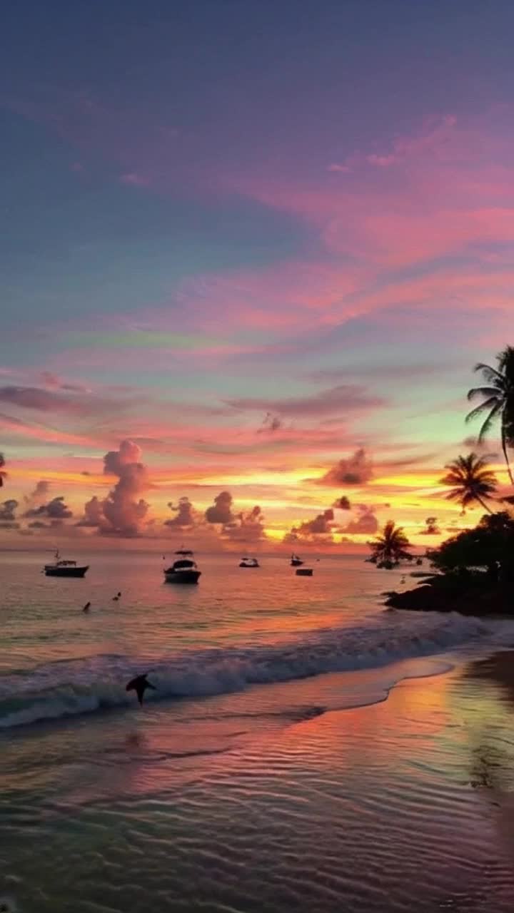 Sunset on a tropical island, miriad of vibrantly bright sky colors on gentle rolling tides, reflecting on the wet beach sand, hot pink around the orange yellow, saint Elmo firey green, purple violet, many shades of blue, a yacht floats in a personal lagoon, different colored parrots fly near, a blue and gold macaw lands on the yacht  All is serene
