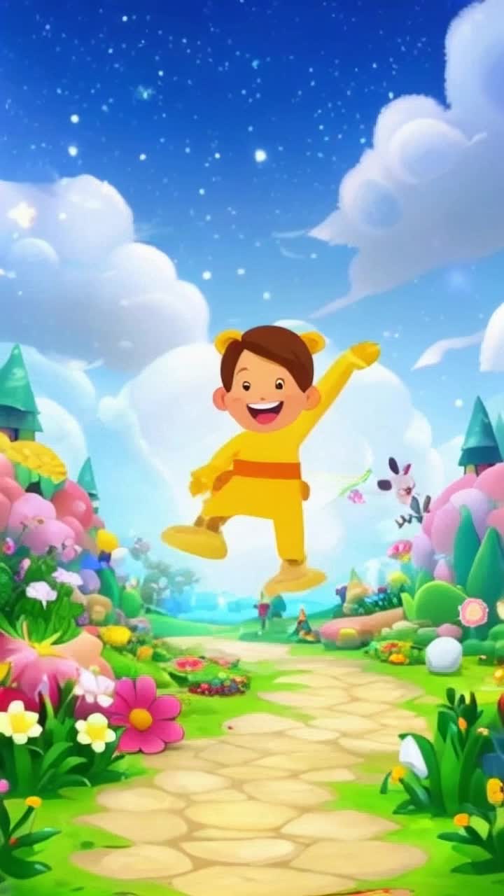 Cheerful animated character waving enthusiastically  Spinning around with bright energy  Vibrant colorful landscape filled with flowers and playful creatures