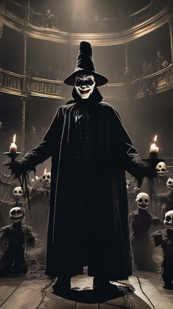 Sinister puppet master Brett cloaked in shadows controlling a legion of eerie marionettes with twisted grins and lifeless eyes manipulating strings with malevolent precision sinister grin playing across his face darkened, decrepit theater filled with cobwebs and flickering candles haunting whispers echoing through the air as tremors of fear ripple through the audience shadows dance across decaying walls creating an unsettling atmosphere of suspense and dread
