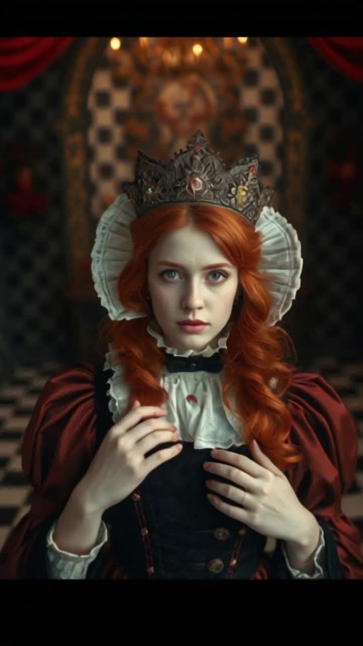 Beautiful red head woman, dressed as a queen looking into her window when someone scoops a cup from her face as shes made of cake, the man scoops the cake into his mouth