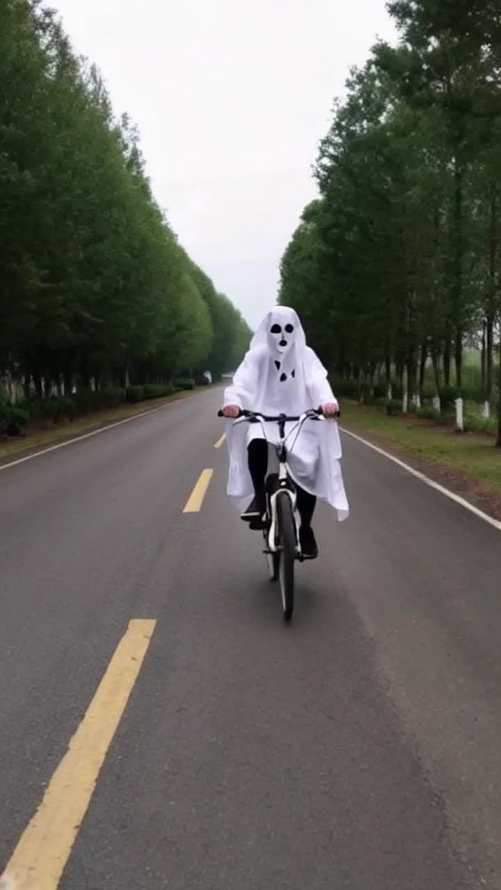 A ghosts drive bike empty road without leave trees side of road