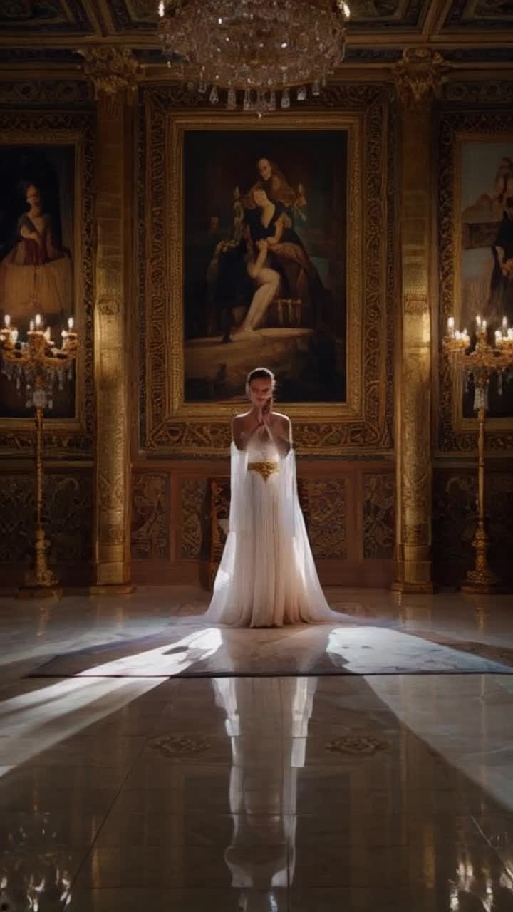 Majestic Sissi adorned in royal garments performing graceful worship gestures surrounded by an ethereal glow of soft light cascading from ornate chandeliers vibrant tapestries whispering tales of old regal history as shadows dance in delicate patterns on the marble floor