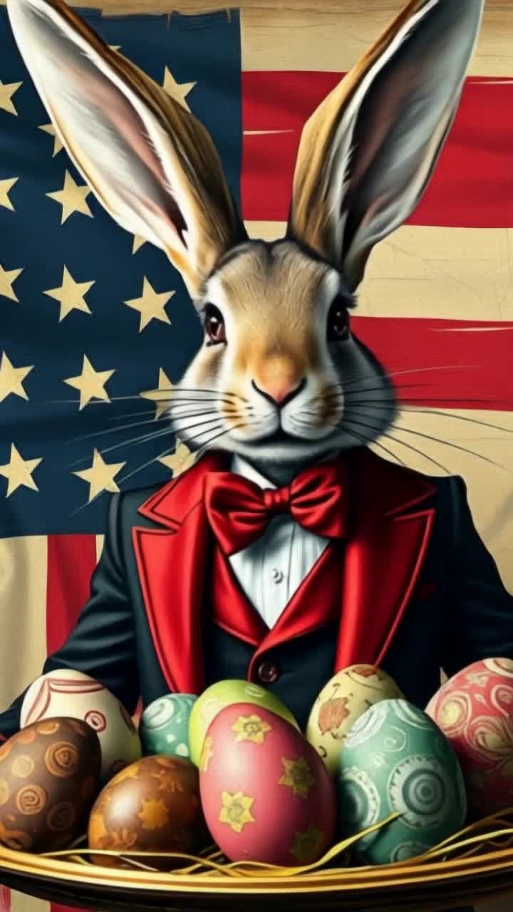 The Mad Rabbit based on the Lewis Carroll fairy tale as an Easter bunny in a black and red tuxedo, red baseball cap and with a tray of Easter eggs against the background of an inverted American flag