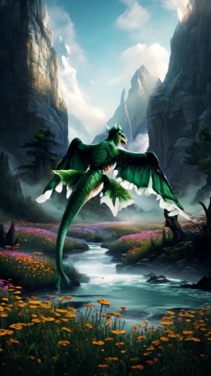 Majestic emerald dragon soaring through misty valley flapping enormous iridescent wings creating gusts of wind sparkling with sunlight Vibrant wildflowers blanket the valley floor swaying gently beneath the dragons flight while towering ancient mountains cradle the scene in their rugged embrace Wisps of clouds trail behind the dragon as it glides gracefully over glimmering streams reflecting the shimmering sky