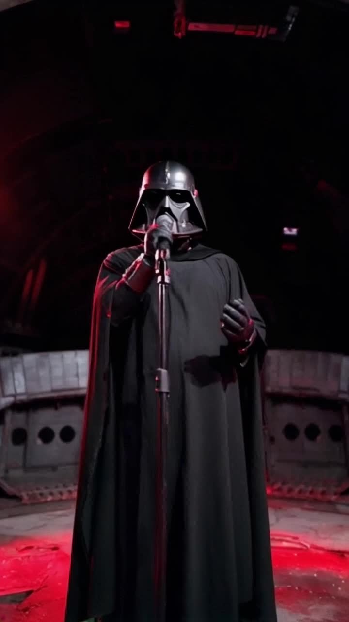 Darth Vader holding a microphone rapping inside the Death Star