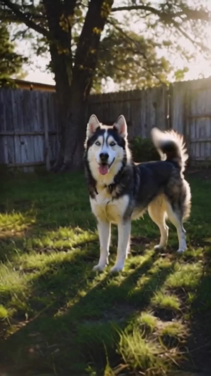 Husky with striking blue eyes fur bristling in excitement leaps and bounds across a sunlit field as vibrant wildflowers sway nearby Energetic movements convey determination pouncing on a sturdy stick like a fierce warrior on a quest Clear skies overhead create a playful atmosphere while distant mountains loom majestically in the background Sound of rustling grass heightens excitement as narrators voice echoes with pride highlighting bravery and loyalty of this spirited canine hero ready to defend his realm Bursts of slowmotion capture each dramatic moment showcasing huskys athletic grace against a backdrop of adventurefilled wilderness