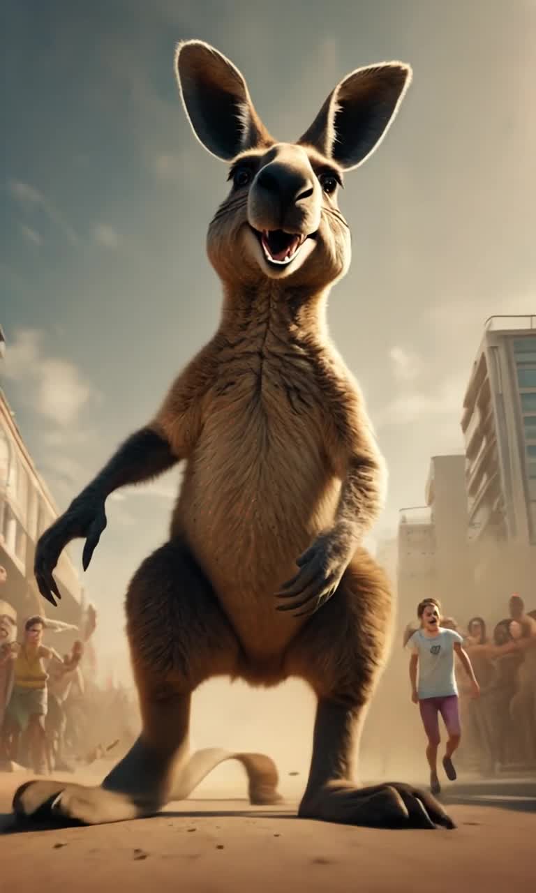 Low angle view of a giant, colossal kangaroo chasing a bunch of tiny people at his feet and laughing evilly as he does it