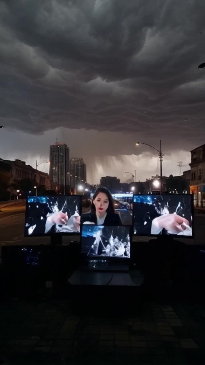 A solitary woman cloaked in shadows surrounded by flickering screens displaying swirling deepfakes Manipulating digital images with deft fingers generating chaos while chaotic scenes unfold outside streetlights flicker as buildings crumble under the weight of deception Clouds gather ominously overhead thunder rumbles in the distance echoing the turmoil of a world lost to lies Intense colors flash across the screens illuminating her determined expression as she stands resolute ready to confront the storm with her own crafted reality