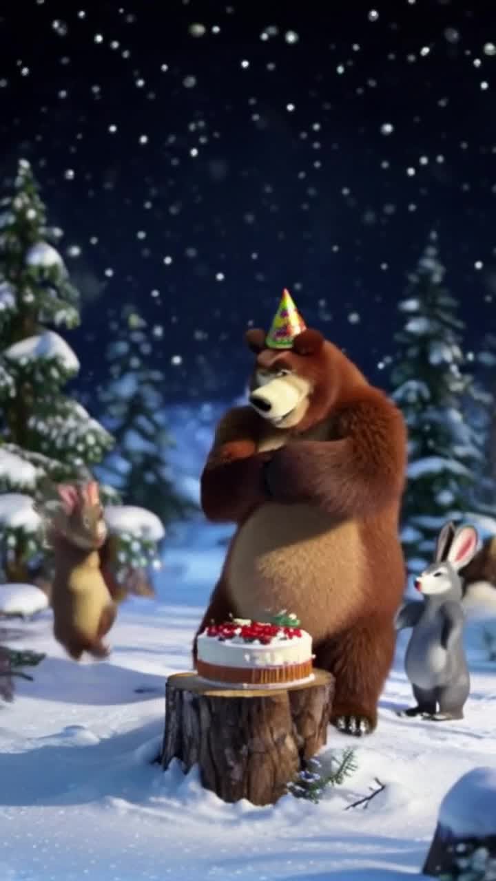 Adorable winter bear adorned with colorful party hat surrounded by enthusiastic woodland friends including playful rabbits and cheerful birds Joyfully dancing and clapping in a sparkling snowy forest glade illuminated by soft twinkling lights Snowflakes gently falling creating a whimsical atmosphere with a beautifully decorated birthday cake sitting on a wooden stump festooned with pine branches and berries