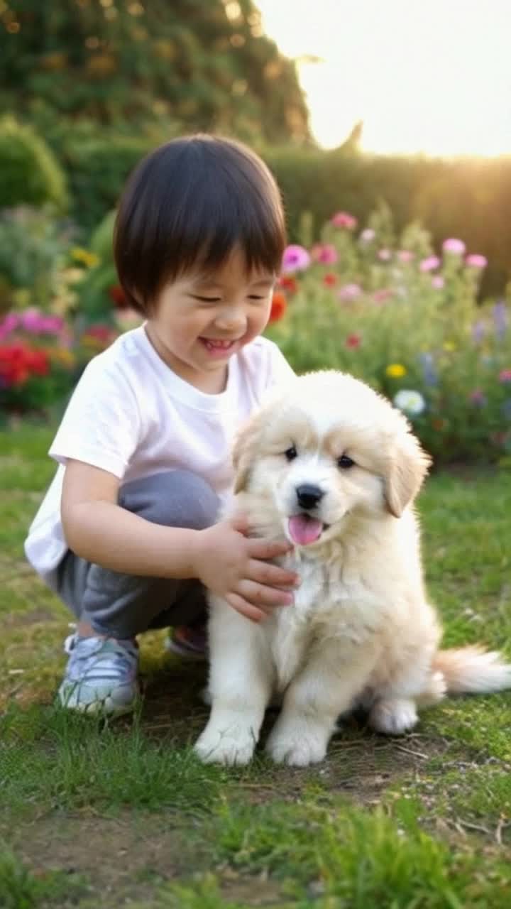 Joyful child kneeling enamored by playful puppy with fluffy fur and wagging tail Beaming face radiates warmth and affection as gentle hands reach out to pet Background filled with sundrenched garden vibrant flowers and lush green grass inviting a sense of happiness and tranquility